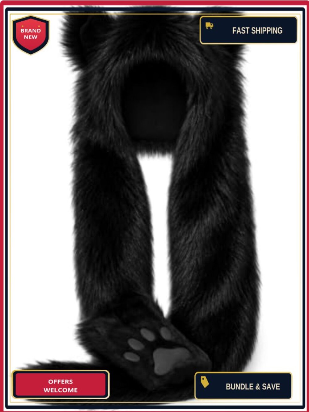 Faux Fur Animal Hood Hat with Paw Gloves 3-in-1 Halloween Costume Accessory